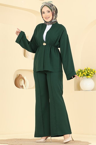 moda selvim Beli Lastikli Krep Takım 5828EDFK1198 Zümrüt - Thumbnail