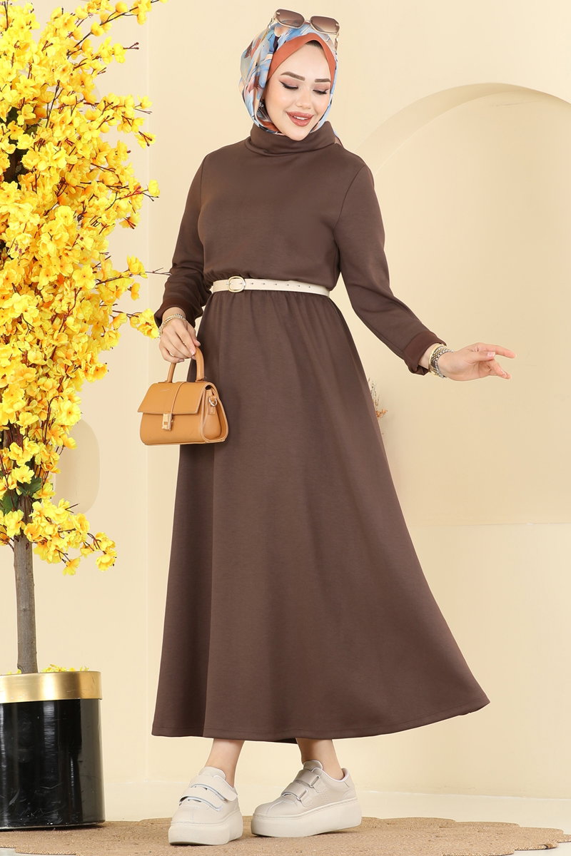 Beli Lastikli Modal Elbise 21201MPR1163 Kahve