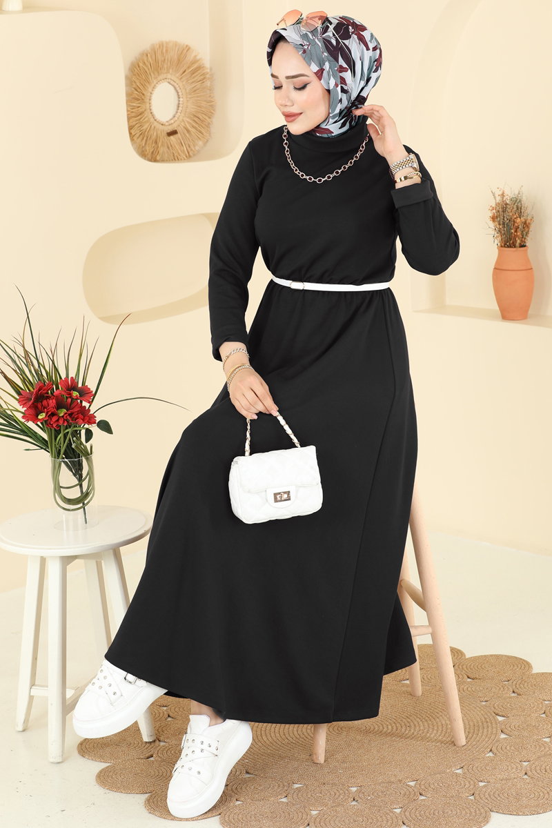 Beli Lastikli Modal Elbise 21201MPR1163 Siyah