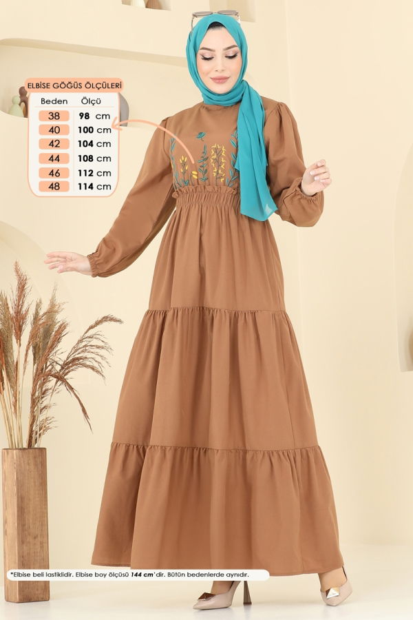 Modaselvim Elbise Beli Lastikli Nakışlı Elbise 7063ASN888 Taba