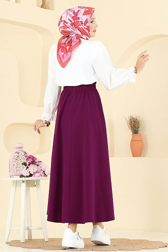 moda selvim Beli Lastikli Örme Etek 5014ERK1158 Mürdüm - Thumbnail