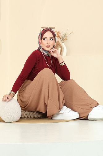 moda selvim Beli Lastikli Şalvar Pantolon 0001ERK1158 Bisküvi - Thumbnail