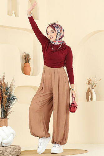 moda selvim Beli Lastikli Şalvar Pantolon 0001ERK1158 Bisküvi - Thumbnail