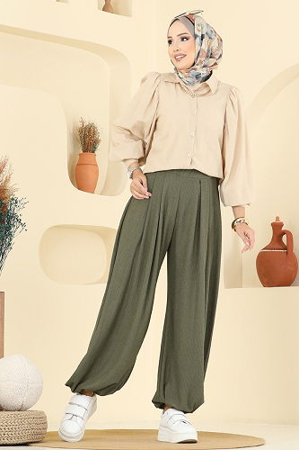 moda selvim Beli Lastikli Şalvar Pantolon 0001ERK1158 Haki - Thumbnail