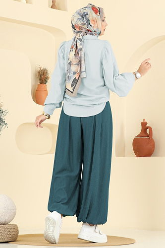 moda selvim Beli Lastikli Şalvar Pantolon 0001ERK1158 Petrol - Thumbnail