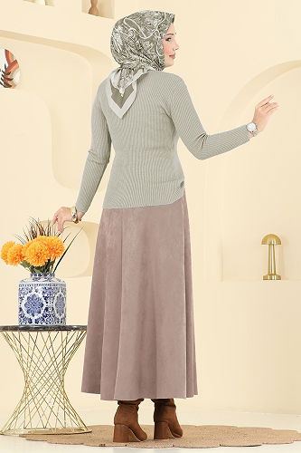 moda selvim Beli Lastikli Süet Etek 3228HBS856 Pudra Vizyon - Thumbnail