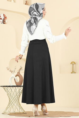 moda selvim Beli Lastikli Süet Etek 3228HBS856 Siyah - Thumbnail