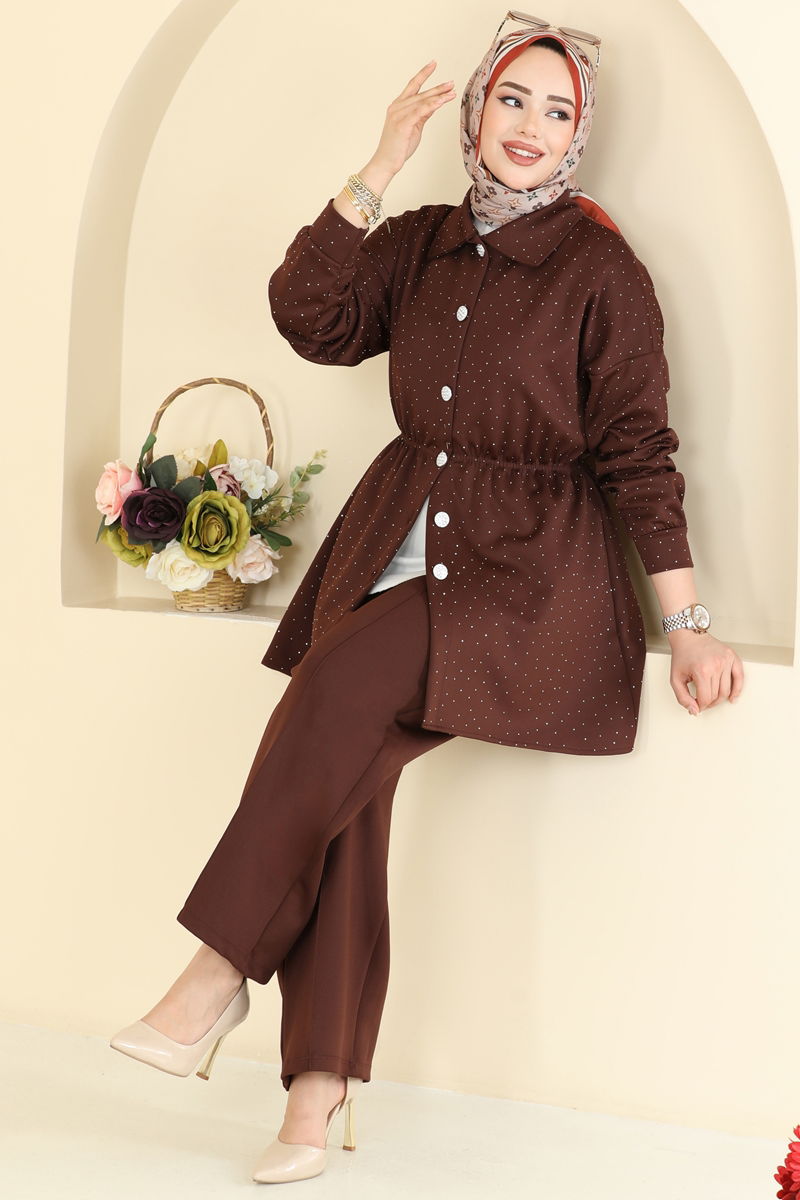 Beli Lastikli Taşlı Takım 2791AYD574 Kahve