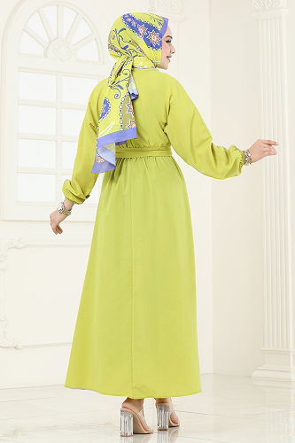 moda selvim Beli Lastikli Terikoton Elbise 012MR1078 Asit - Thumbnail