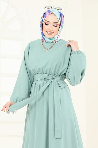 moda selvim Beli Lastikli Terikoton Elbise 012MR1078 Mint - Thumbnail