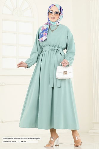 moda selvim Beli Lastikli Terikoton Elbise 012MR1078 Mint - Thumbnail