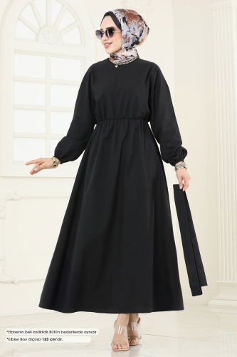moda selvim Beli Lastikli Terikoton Elbise 012MR1078 Siyah - Thumbnail