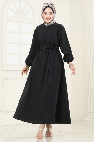 moda selvim Beli Lastikli Terikoton Elbise 012MR1078 Siyah - Thumbnail