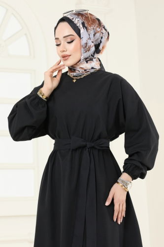 moda selvim Beli Lastikli Terikoton Elbise 012MR1078 Siyah - Thumbnail