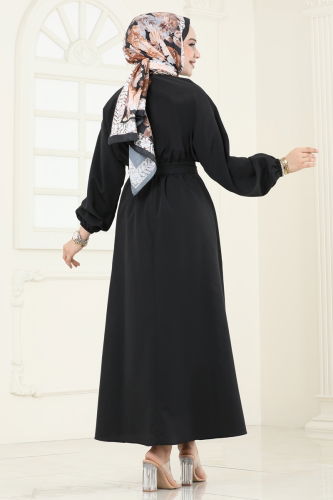 moda selvim Beli Lastikli Terikoton Elbise 012MR1078 Siyah - Thumbnail