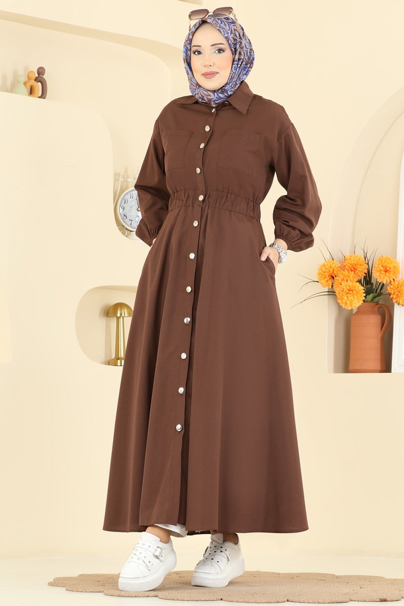 Beli Lastikli Terikoton Elbise 5071DNZ1187 Kahve