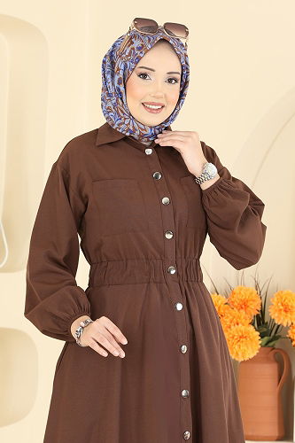 moda selvim Beli Lastikli Terikoton Elbise 5071DNZ1187 Kahve - Thumbnail