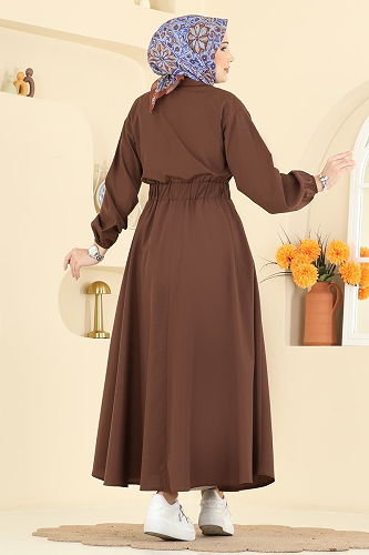 moda selvim Beli Lastikli Terikoton Elbise 5071DNZ1187 Kahve - Thumbnail