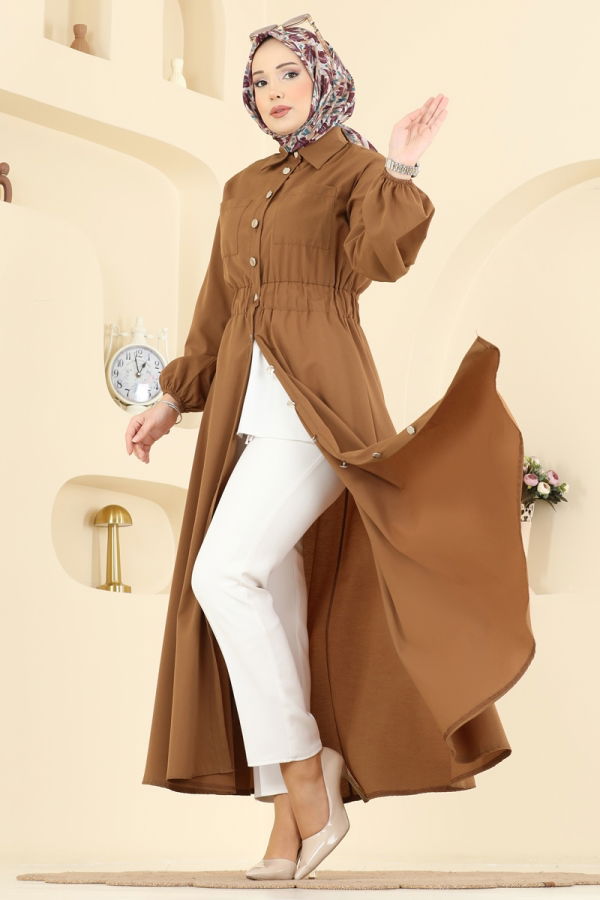 Modaselvim Elbise Beli Lastikli Terikoton Elbise 5071DNZ1187 Taba