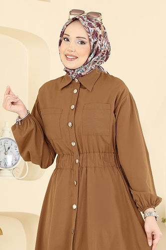 moda selvim Beli Lastikli Terikoton Elbise 5071DNZ1187 Taba - Thumbnail