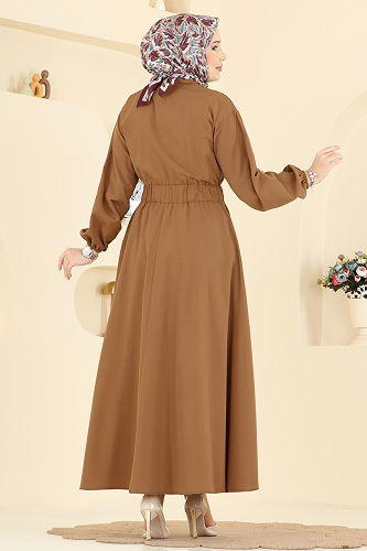 moda selvim Beli Lastikli Terikoton Elbise 5071DNZ1187 Taba - Thumbnail