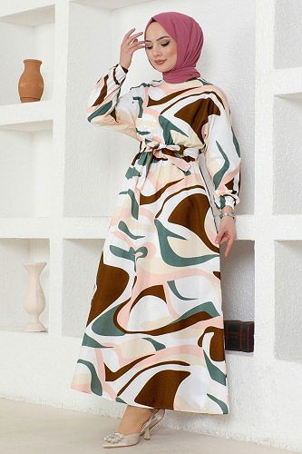 moda selvim Beli Lastikli Terikoton Elbise 8234BRZ597 Mint&Kahve - Thumbnail