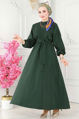 moda selvim Beli Lastikli Terikoton Elbise ASM2683 Nefti Yeşili - Thumbnail