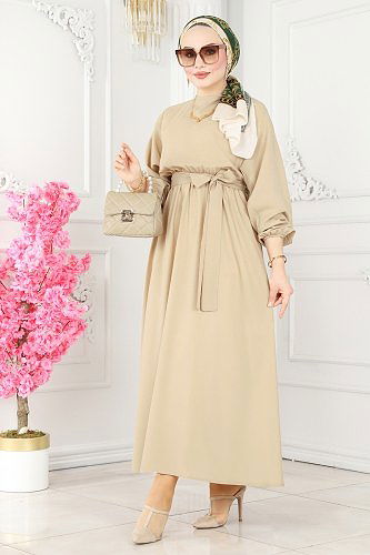 moda selvim Beli Lastikli Terikoton Elbise ASM2683 Taş - Thumbnail