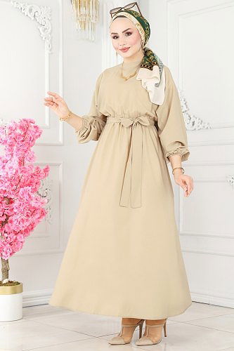 moda selvim Beli Lastikli Terikoton Elbise ASM2683 Taş - Thumbnail