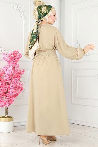 moda selvim Beli Lastikli Terikoton Elbise ASM2683 Taş - Thumbnail