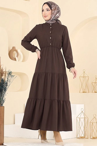 moda selvim Beli Lastikli Tesettür Elbise 105NZRK1200 Kahve - Thumbnail