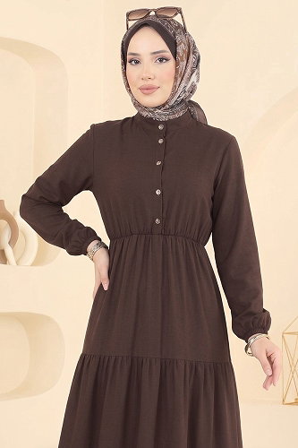 moda selvim Beli Lastikli Tesettür Elbise 105NZRK1200 Kahve - Thumbnail