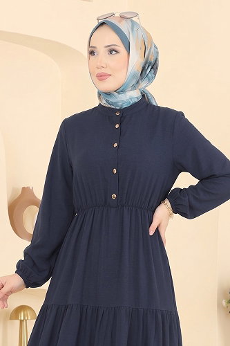 moda selvim Beli Lastikli Tesettür Elbise 105NZRK1200 Laci - Thumbnail