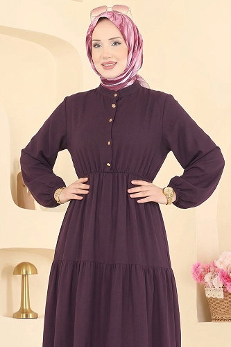 moda selvim Beli Lastikli Tesettür Elbise 105NZRK1200 Mürdüm - Thumbnail