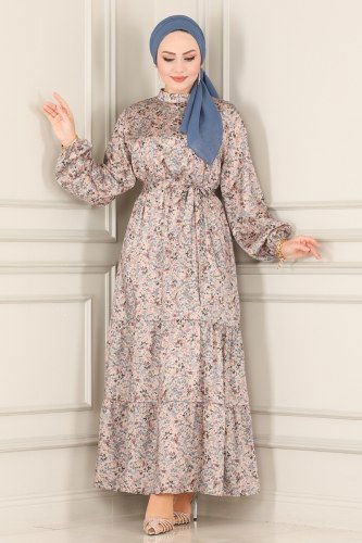 moda selvim Beli Lastikli Tesettür Elbise 2154PYT687 Vizyon - Thumbnail