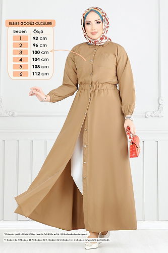 moda selvim Beli Lastikli Tesettür Elbise 805OZN1046 Latte - Thumbnail