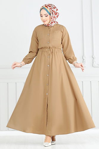 moda selvim Beli Lastikli Tesettür Elbise 805OZN1046 Latte - Thumbnail