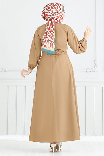 moda selvim Beli Lastikli Tesettür Elbise 805OZN1046 Latte - Thumbnail