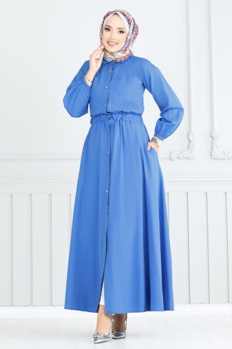 moda selvim Beli Lastikli Tesettür Elbise 805OZN1046 Mavi - Thumbnail