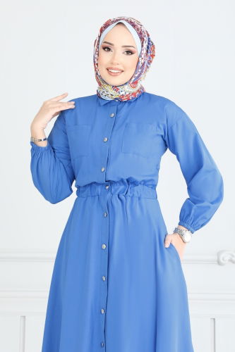 moda selvim Beli Lastikli Tesettür Elbise 805OZN1046 Mavi - Thumbnail