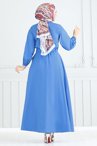 moda selvim Beli Lastikli Tesettür Elbise 805OZN1046 Mavi - Thumbnail
