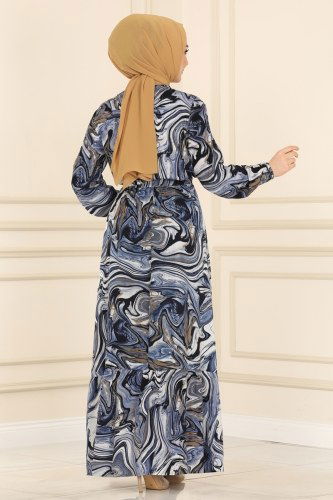 moda selvim Beli Lastikli Viskon Elbise 1097BG354 İndigo - Thumbnail