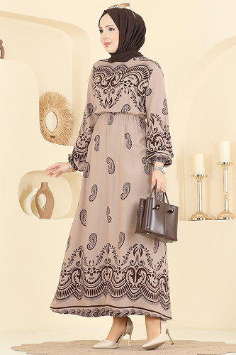 moda selvim Beli Lastikli Viskon Elbise 7163ERK1158 Bej - Thumbnail