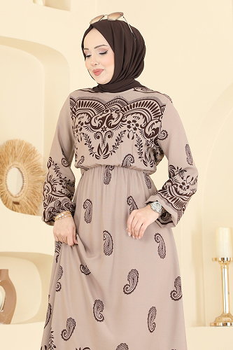 moda selvim Beli Lastikli Viskon Elbise 7163ERK1158 Bej - Thumbnail