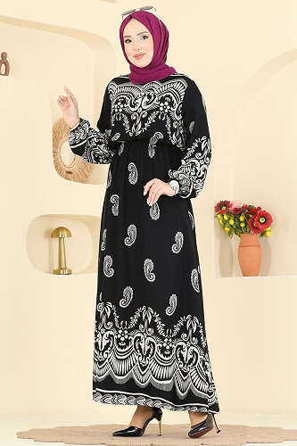 moda selvim Beli Lastikli Viskon Elbise 7163ERK1158 Siyah - Thumbnail