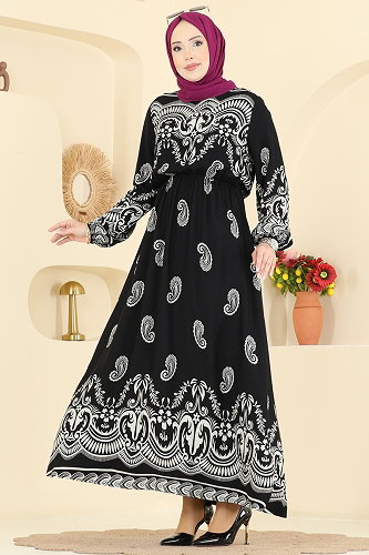 moda selvim Beli Lastikli Viskon Elbise 7163ERK1158 Siyah - Thumbnail