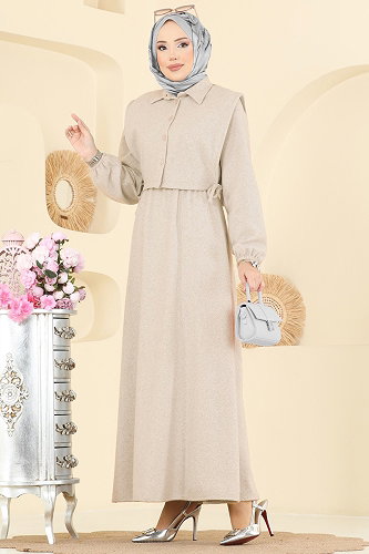 moda selvim Beli Lastikli Yelekli Takım 3066KTR750 Bej - Thumbnail