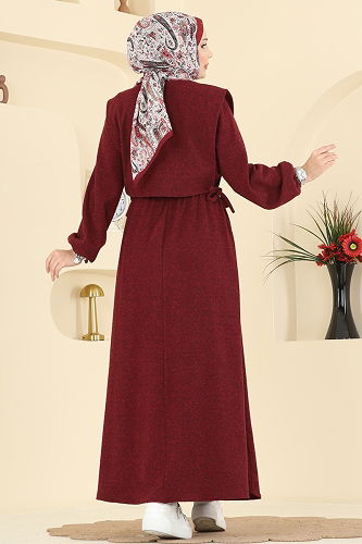 moda selvim Beli Lastikli Yelekli Takım 3066KTR750 Bordo - Thumbnail