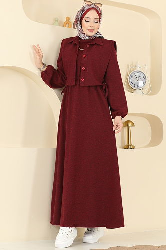 moda selvim Beli Lastikli Yelekli Takım 3066KTR750 Bordo - Thumbnail
