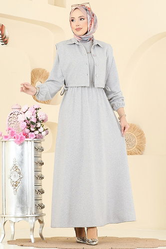 moda selvim Beli Lastikli Yelekli Takım 3066KTR750 Gri - Thumbnail